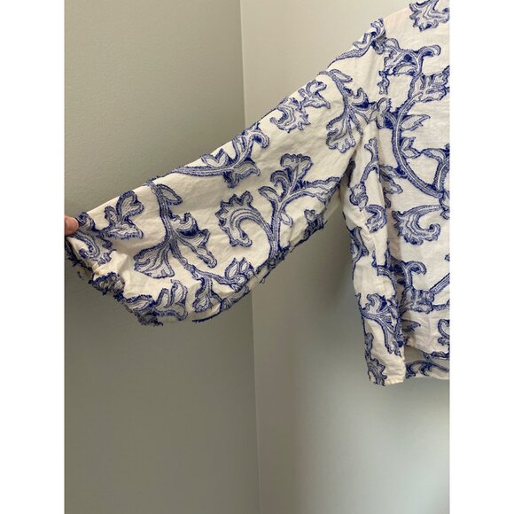 Loft Petites White & Blue Embroidered Long Sleeve Blouse Large P - Picture 9 of 9